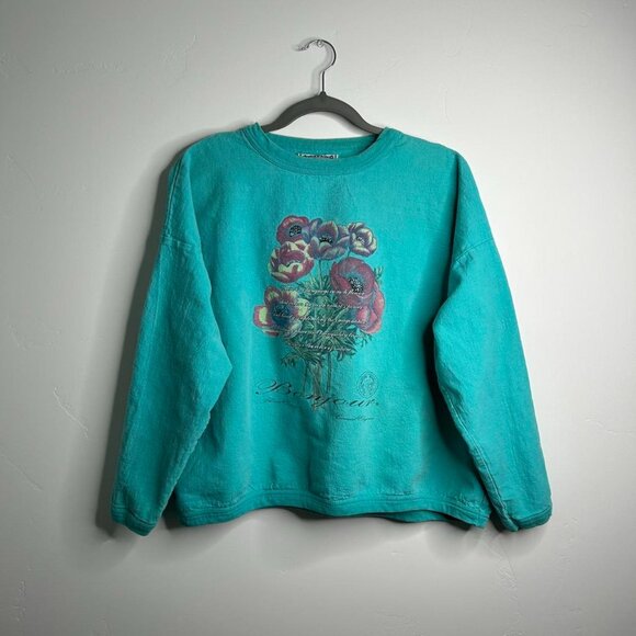 Turquoise blue Bonjour floral print sweatshirt one size 100% cotton made in USA - Picture 1 of 6